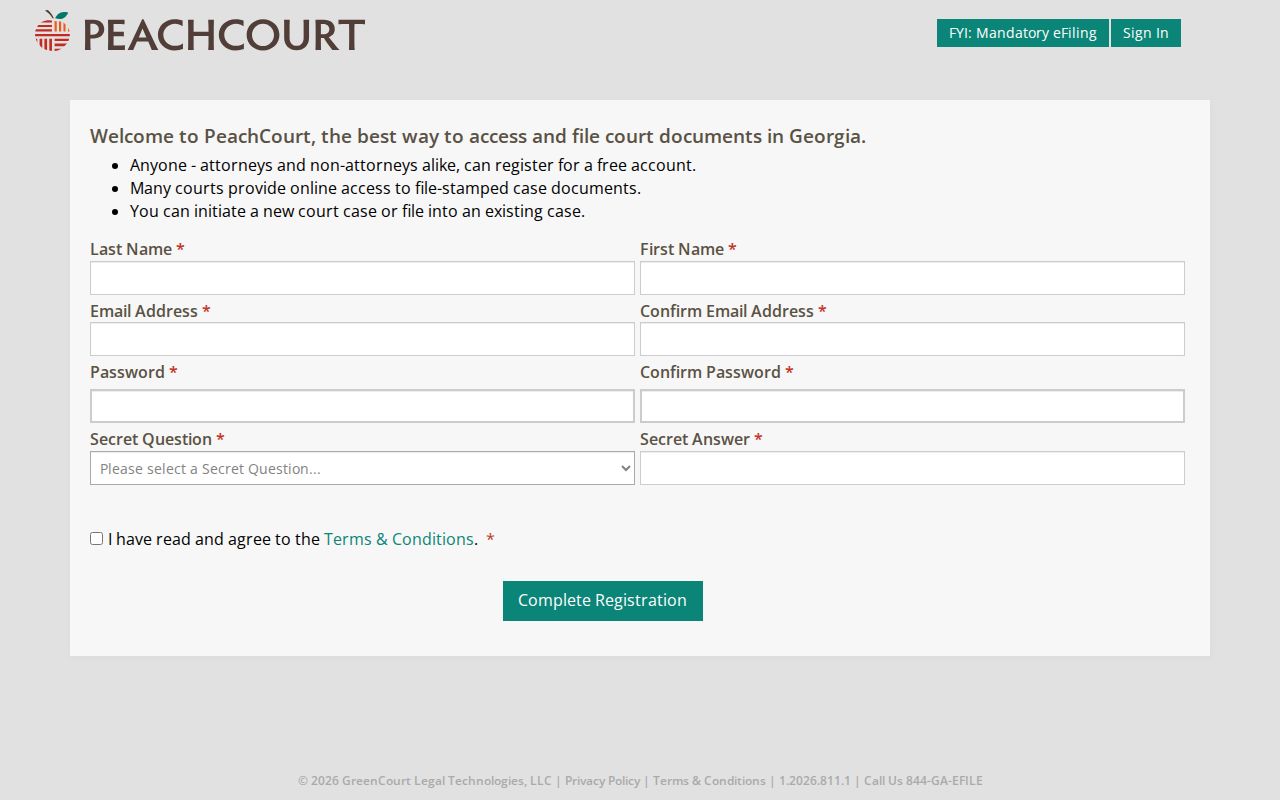PeachCourt registration fields for a Murray County case search account