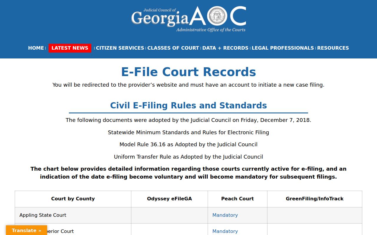 Georgia e-file chart mapping Murray Superior Court to PeachCourt