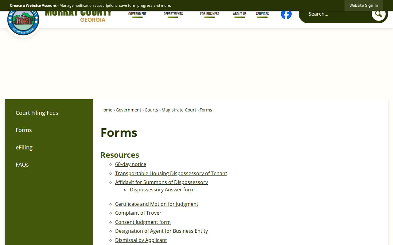 Murray County Magistrate Court civil forms page