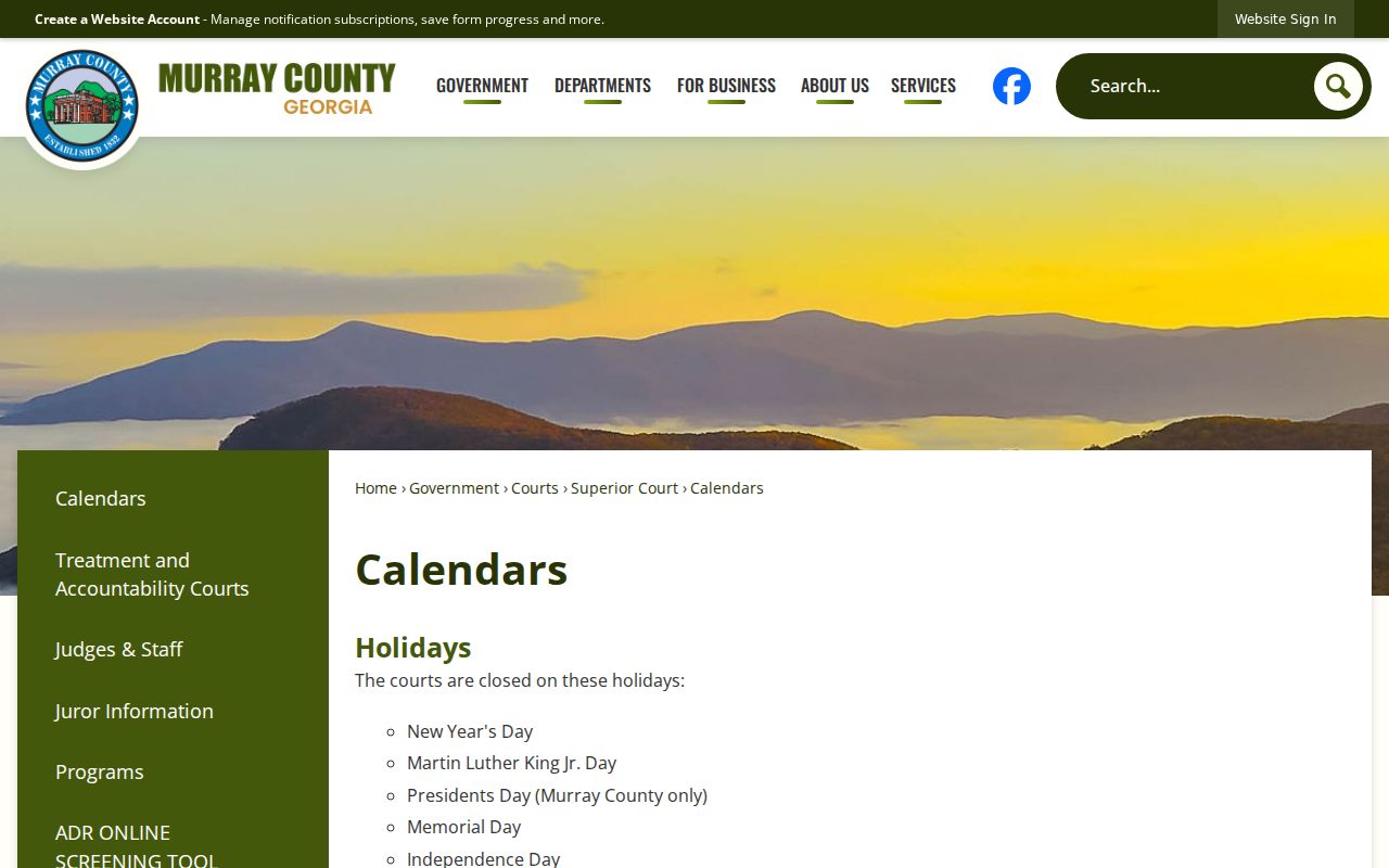 Official Murray County Superior Court calendars page