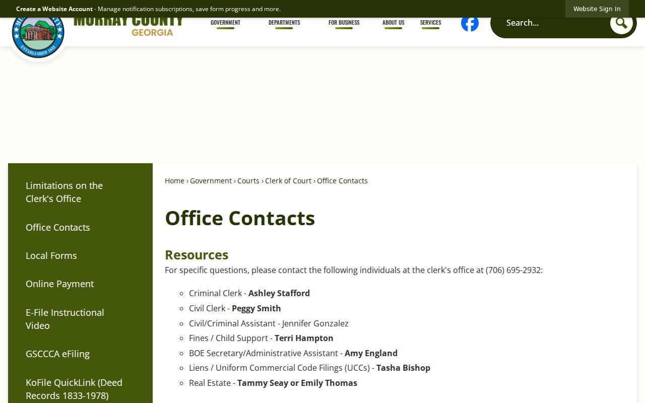 Murray County Clerk staff directory for court record requests