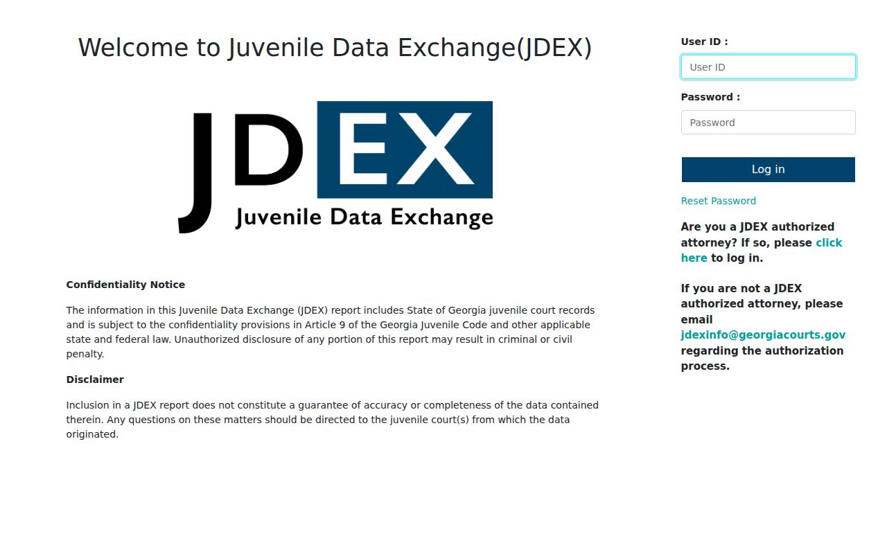 Georgia JDEX authorized-user login screen for juvenile records